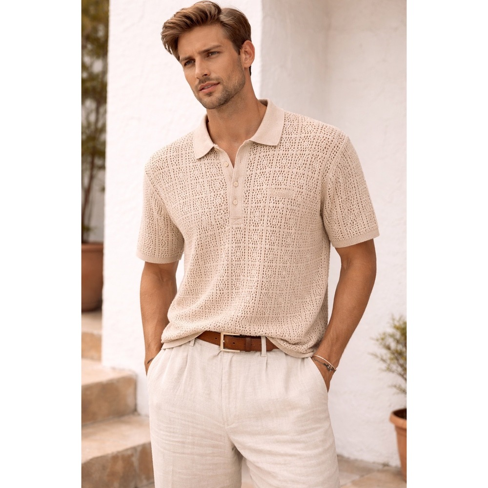 Ransom Crochet Polo Shirt M Beige Cotton 90s Coastal Grandpa